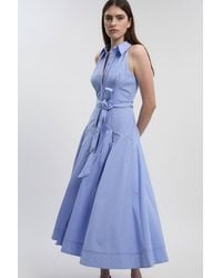Karen Millen - Petite Cotton Collared Halter Neck Woven Midi Shirt Dress With Dropped Waist Detail - Lyst