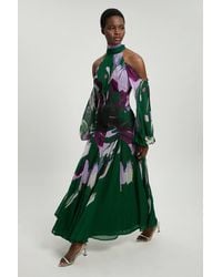 Karen Millen - Petite Photographic Floral Crinkle Georgette High Neck Cold Shoulder Woven Maxi Dress - Lyst