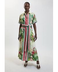 Karen Millen - Cotton Sateen Floral Woven Belted Maxi Shirt Dress - Lyst