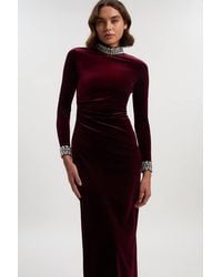 Karen Millen - Stretch Velvet Crystal Embellished Long Sleeve Maxi Dress - Lyst