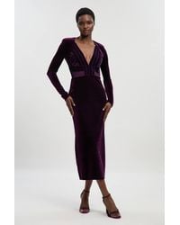 Karen Millen - Petite Stretch Velvet Taping Detail Mesh Plunge Neck Cut Out Back Midi Dress - Lyst