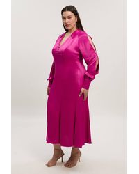 Karen Millen - Plus Size Viscose Satin V Neck Long Sleeve Woven Midi Dress - Lyst