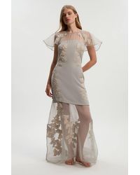 Karen Millen - Tall Quilted Applique Organdie Angel Sleeve Woven Maxi Dress - Lyst