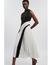 Karen Millen - Petite Forever Soft Tailored Colour Block High Neck Pleated Midi Dress - Lyst