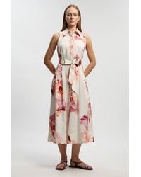 Karen Millen - Premium Viscose Linen Top Stitch Halter Neck Woven Midi Dress With D Ring Detail - Lyst