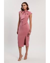 Karen Millen - Petite Compact Stretch Bow Tie Neck Tailored Pencil Midi Dress - Lyst