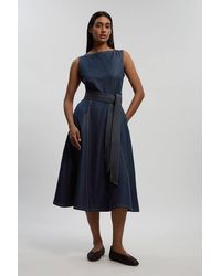 Karen Millen - Denim Belted Full Skirt Tailored Dress - Lyst