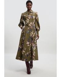 Karen Millen - Floral Print Cotton Sateen Woven Belt Detail Midi Skirt - Lyst