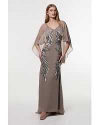 Karen Millen - Feather Embellished Woven Cape Sleeve Maxi Dress - Lyst