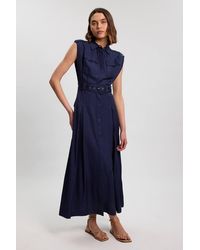 Karen Millen - Premium Viscose Linen Belted Woven Midaxi Dress With Hardware Detail - Lyst