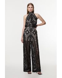 Karen Millen - Sheer Georgette Cutwork Woven Wide Leg Trouser - Lyst