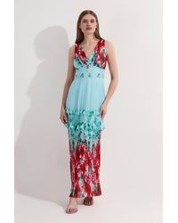 Karen Millen - Floral Pleat Detail Strappy Woven Midi Dress - Lyst