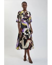 Karen Millen - Viscose Satin Crepe Printed Ruffle Detail Midi Dress - Lyst