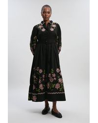 Karen Millen - Plus Size Rose Embroidered Cotton Twill Woven Shirt Dress With Eyelets - Lyst