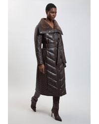 Karen Millen - Padded Faux Leather & Faux Fur Mix Midi Coat - Lyst