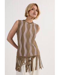 Karen Millen - Contrast Wave Knit Top With Fringing - Lyst