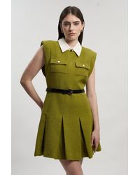 Karen Millen - Textured Tweed Contrast Collar Pleated Tailored Mini Dress - Lyst