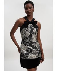 Karen Millen - Velvet And Jacquard Contrast Halterneck Tailored Mini Dress - Lyst