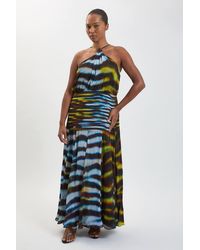 Karen Millen - Plus Size Viscose Georgette Drop Hem Animal Print Woven Halterneck Maxi Dress - Lyst