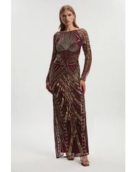 Karen Millen - Premium Mirrored Crystal Embellished Woven Long Sleeve Column Dress - Lyst