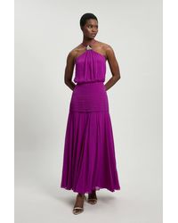 Karen Millen - Viscose Georgette Drop Hem Woven Halter Neck Maxi Dress - Lyst