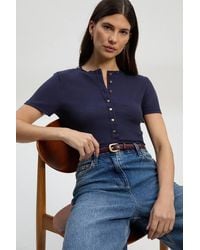 Karen Millen - Petite Viscose Rib Button Up Crew Neck T-Shirt - Lyst