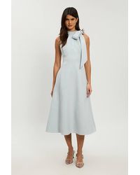 Karen Millen - Petite Compact Stretch Bow Tie Neck Full Skirted Midi Dress - Lyst