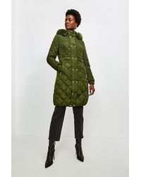 Karen Millen Long Quilted Faux Fur Trimmed Hood Coat - Green