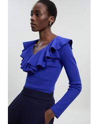 Karen Millen - Compact Wool Look Ruffle V Neck Knit Top - Lyst