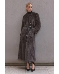 Karen Millen - Textured Faux Fur Belted Collarless Long Coat - Lyst