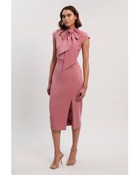 Karen Millen - Compact Stretch Bow Tie Neck Tailored Pencil Midi Dress - Lyst