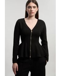 Karen Millen - Ponte Peplum Sleeve V Neck Top - Lyst