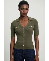 Karen Millen - Military Trim Rib Knit Short Sleeve Collared Top - Lyst