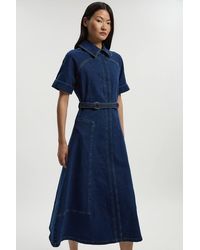 Karen Millen - Stretch Denim Tab Belt Detail Midi Dress - Lyst