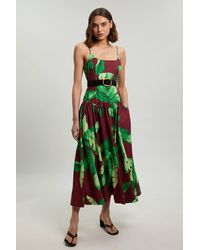 Karen Millen - Viscose Linen Palm Tree Belted Drop Waist Woven Midi Dress - Lyst