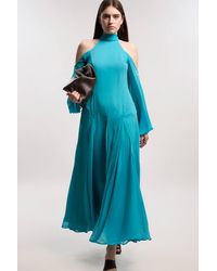 Karen Millen - Crinkle Georgette High Neck Cold Shoulder Woven Maxi Dress - Lyst