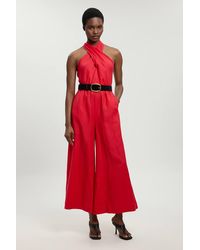 Karen Millen - Petite Viscose Linen Belted Halterneck Woven Jumpsuit - Lyst