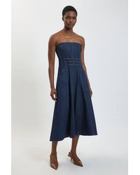 Karen Millen - Denim Bandeau Corset Detail Midi Dress - Lyst