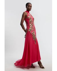 Karen Millen - Georgette Feather Embellished Halter Neck Woven Maxi Dress - Lyst