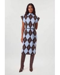 Karen Millen - Studded Argyle Wool Blend Cosy Knit Belted Midi Dress - Lyst