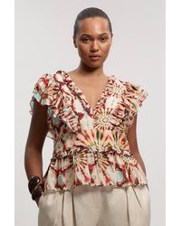 Karen Millen - Plus Size Tile Print Silk Cotton Ruffle Detail Woven Top - Lyst