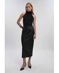 Karen Millen - Petite Faux Leather Seam Waist Detail Pencil Midi Skirt - Lyst