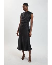 Karen Millen - Viscose Satin Ruched Cowl Neck Midi Dress - Lyst