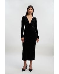 Karen Millen - Stretch Velvet Taping Detail Mesh Plunge Neck Cut Out Back Midi Dress - Lyst