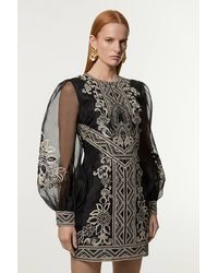 Karen Millen - Petite Embroidered Organdie Balloon Woven Mini Dress - Lyst
