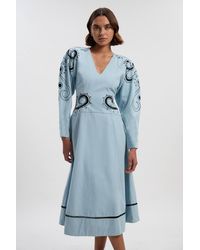Karen Millen - Petite Baroque Embroidered Long Sleeve Twill Woven Midi Dress - Lyst