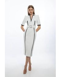Karen Millen - Compact Stretch Contrast Tipped Forever Belted Tailored Midi Dress - Lyst