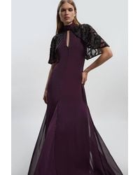 Karen Millen - Petite Crystal Embellished Cutwork Cape Detail Woven Maxi Dress - Lyst