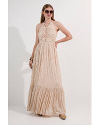 Karen Millen - Viscose Metallic Georgette Halter Woven Maxi Dress - Lyst