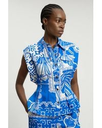 Karen Millen - Premium Linen Printed Woven Sleeveless Woven Top - Lyst